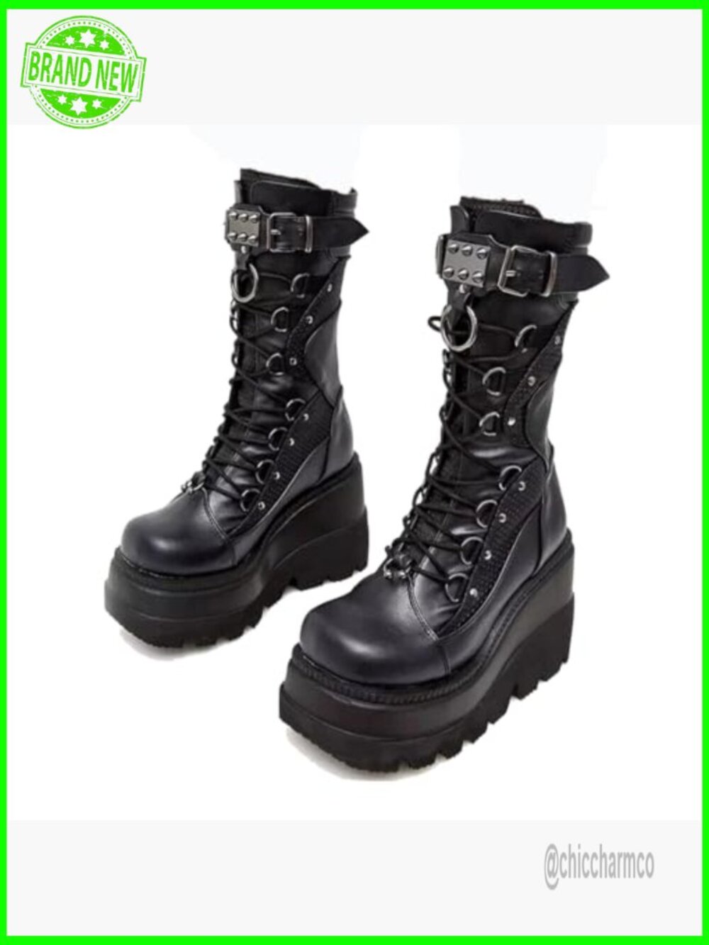 Gothic Platform Combat Boots Chunky Wedge Lace-Up Mid-Calf - Picture 6 of 7